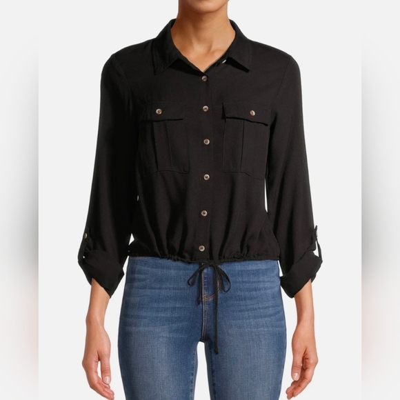 No Boundaries NEW Plus Juniors Black Roll Tab Sleeves Drawstring Utility Top - Picture 2 of 7